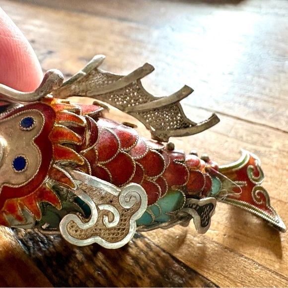 Stunning large Antique Sterling and enamel Articulated Fish Pendant Necklace - Picture 4 of 9